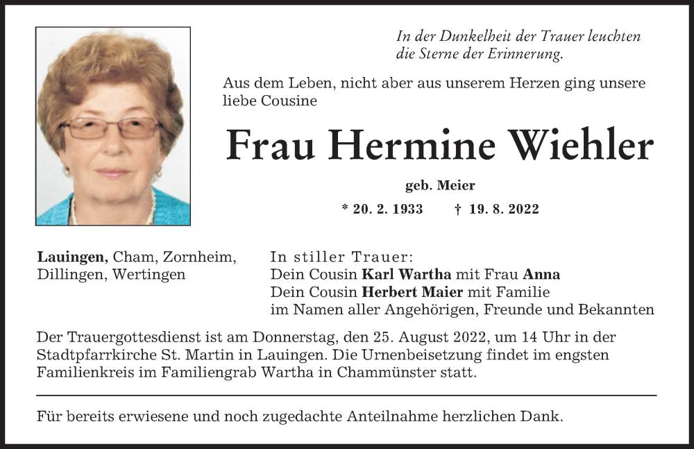 Traueranzeige von Hermine Wiehler von Donau Zeitung