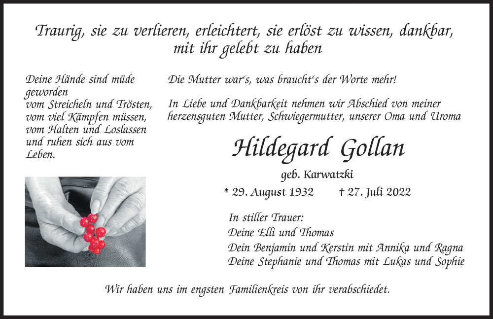 Traueranzeige von Hildegard Gollan von Neu-Ulmer Zeitung