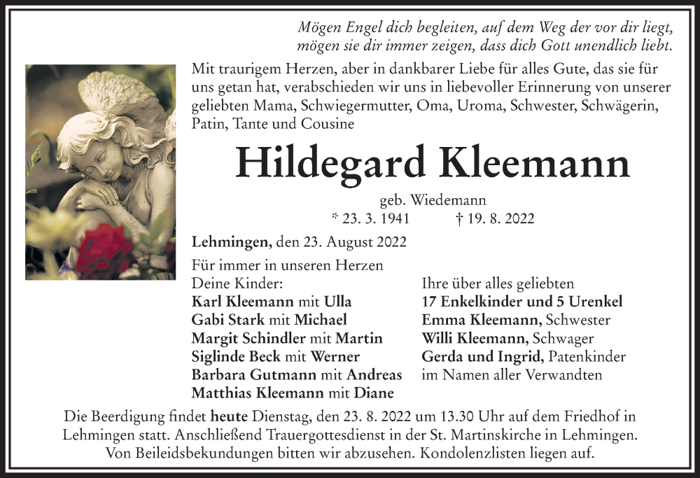 Traueranzeige von Hildegard Kleemann von Rieser Nachrichten