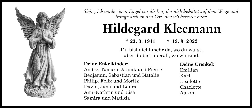 Traueranzeige von Hildegard Kleemann von Rieser Nachrichten