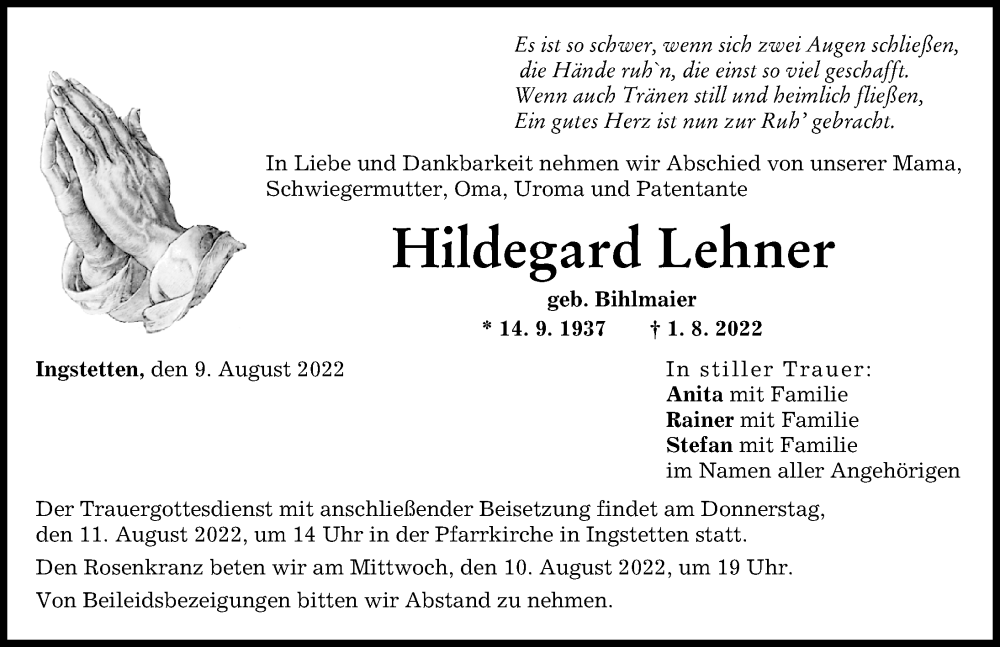 Traueranzeige von Hildegard Lehner von Neu-Ulmer Zeitung