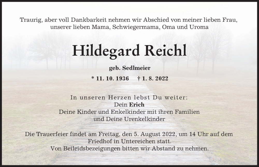 Traueranzeige von Hildegard Reichl von Illertisser Zeitung