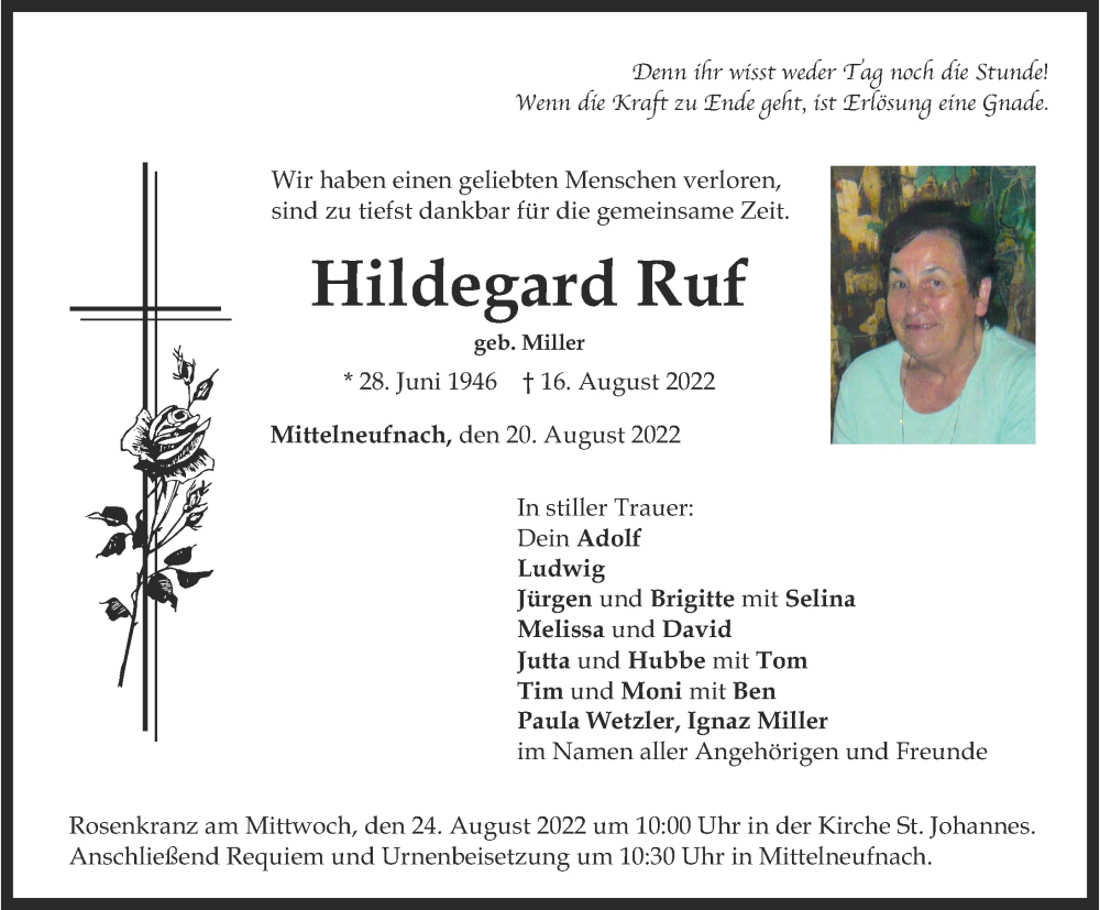 Traueranzeige von Hildegard Ruf von Schwabmünchner Allgemeine, Mindelheimer Zeitung