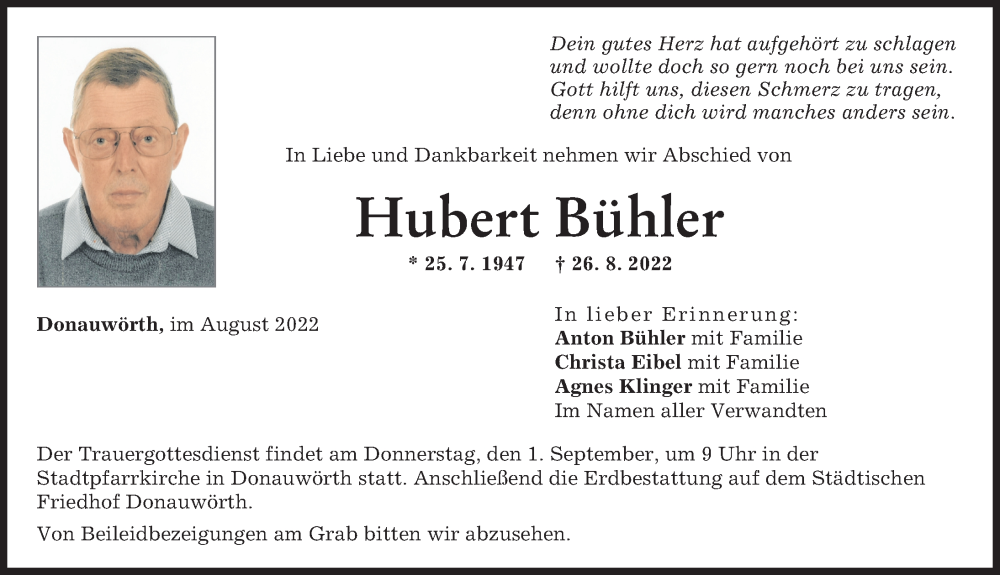 Traueranzeige von Hubert Bühler von Donauwörther Zeitung