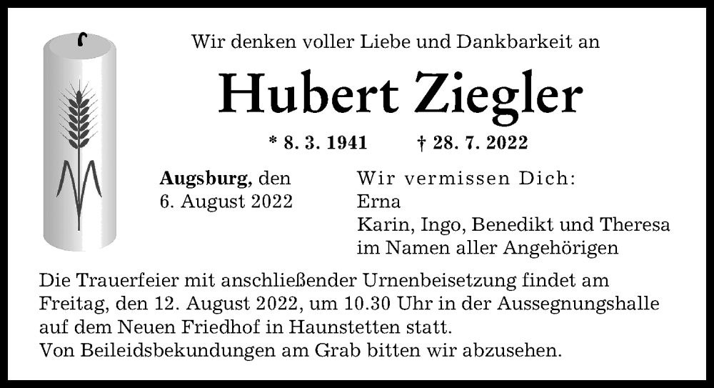 Traueranzeige von Hubert Ziegler von Augsburger Allgemeine