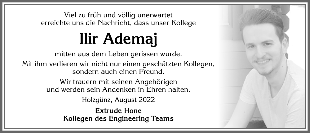  Traueranzeige für Ilir Ademaj vom 12.08.2022 aus Mindelheimer Zeitung