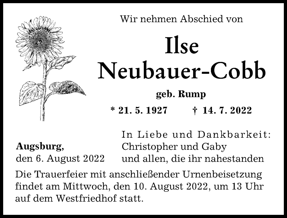 Traueranzeige von Ilse Neubauer-Cobb von Augsburger Allgemeine