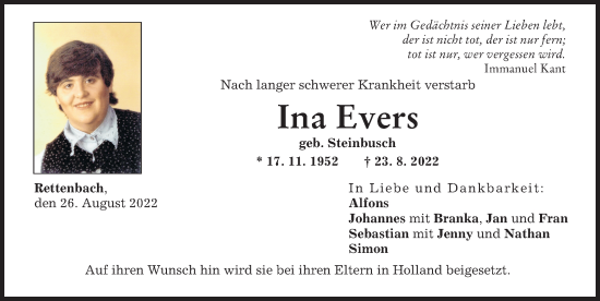 Traueranzeige von Ina Evers von Günzburger Zeitung