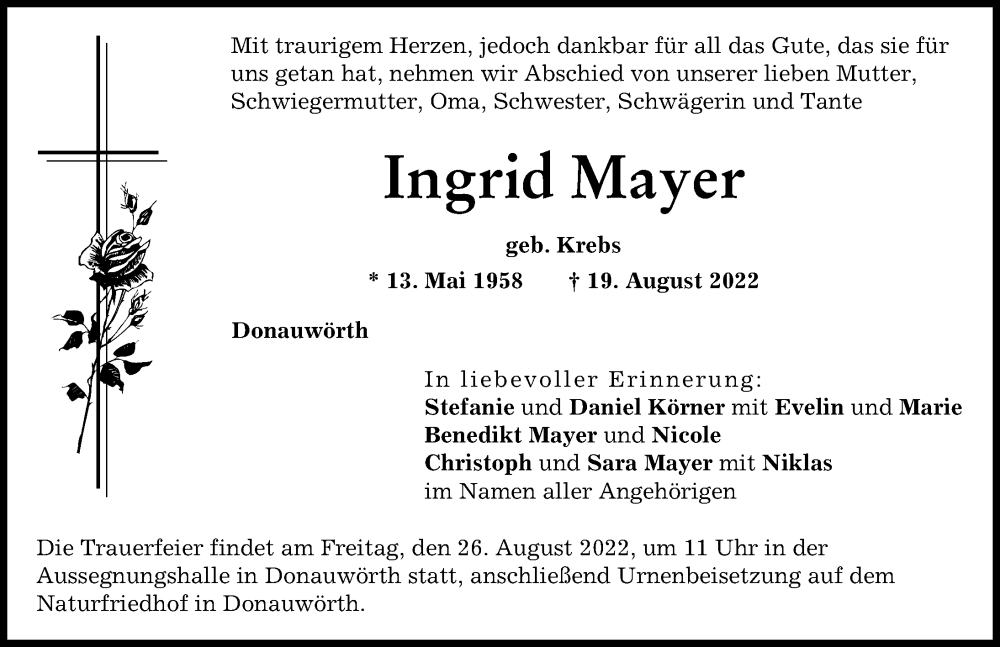 Traueranzeige von Ingrid Mayer von Donauwörther Zeitung