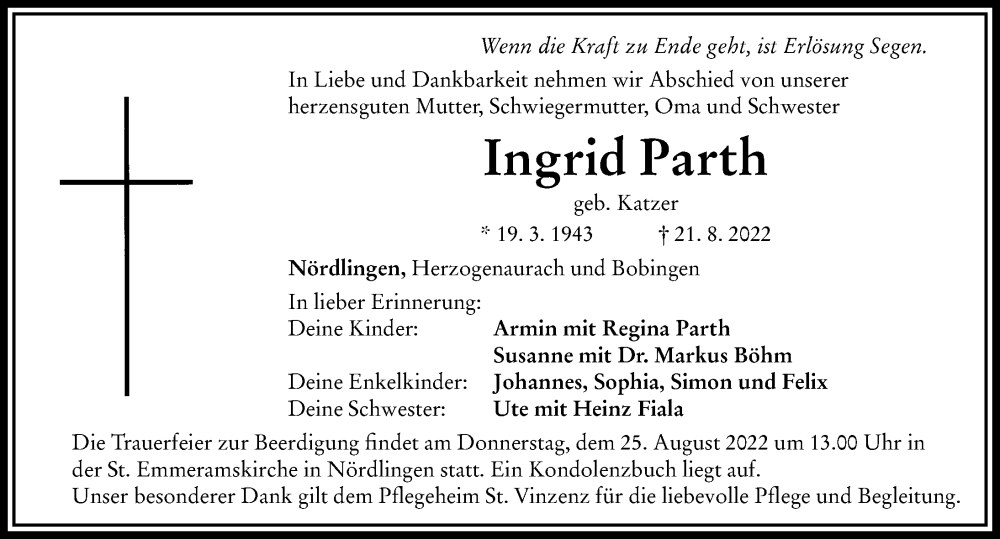 Traueranzeige von Ingrid Parth von Rieser Nachrichten