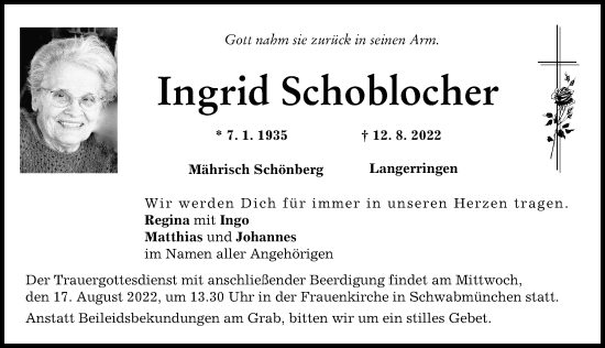 Traueranzeige von Ingrid Schoblocher von Schwabmünchner Allgemeine