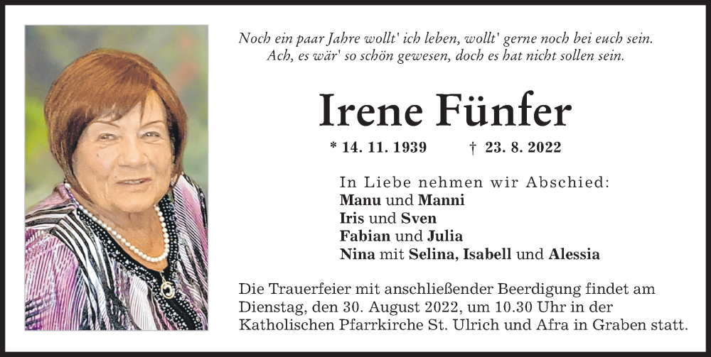 Traueranzeige von Irene Fünfer von Schwabmünchner Allgemeine