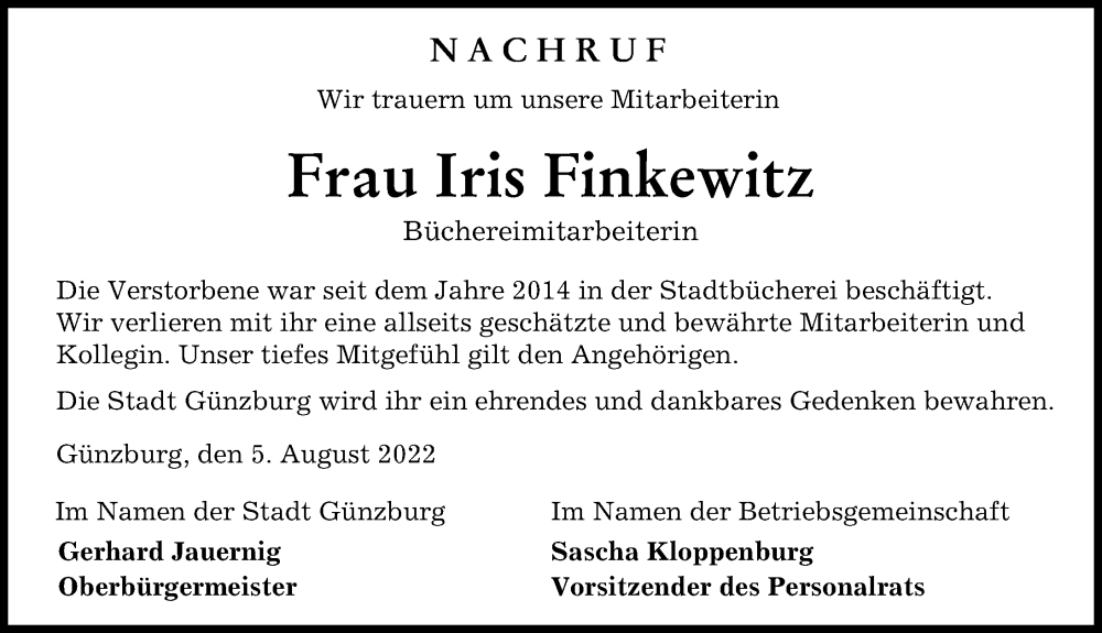  Traueranzeige für Iris Finkewitz vom 05.08.2022 aus Günzburger Zeitung