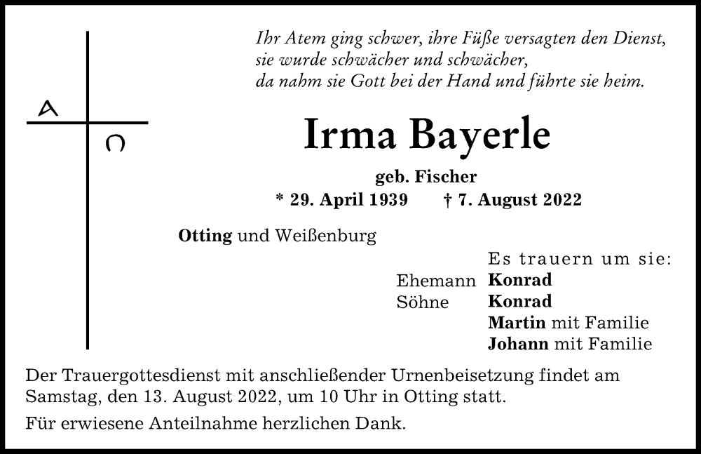  Traueranzeige für Irma Bayerle vom 11.08.2022 aus Donauwörther Zeitung