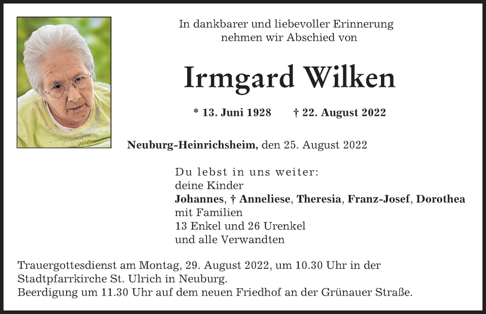 Traueranzeige von Irmgard Wilken von Neuburger Rundschau