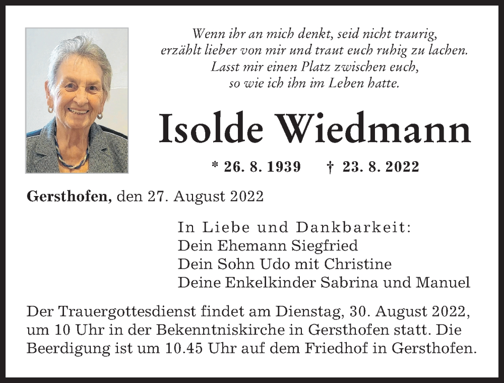 Traueranzeige von Isolde Wiedmann von Augsburger Allgemeine