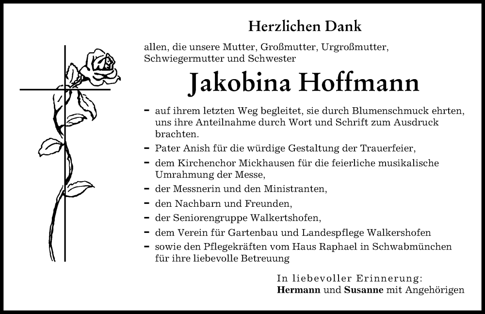  Traueranzeige für Jakobina Hoffmann vom 20.08.2022 aus Schwabmünchner Allgemeine