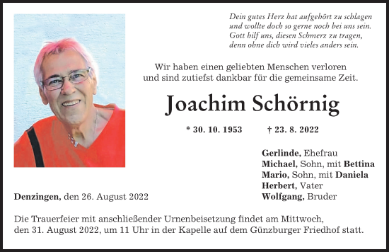 Traueranzeige von Joachim Schörnig von Günzburger Zeitung