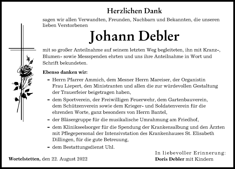  Traueranzeige für Johann Debler vom 22.08.2022 aus Wertinger Zeitung