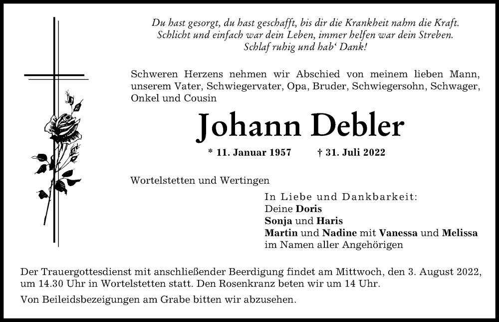  Traueranzeige für Johann Debler vom 02.08.2022 aus Wertinger Zeitung