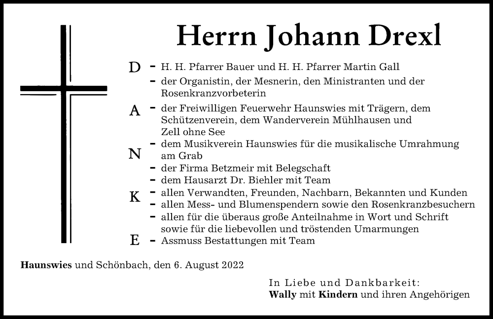 Traueranzeige von Johann Drexl von Aichacher Nachrichten, Augsburger Allgemeine