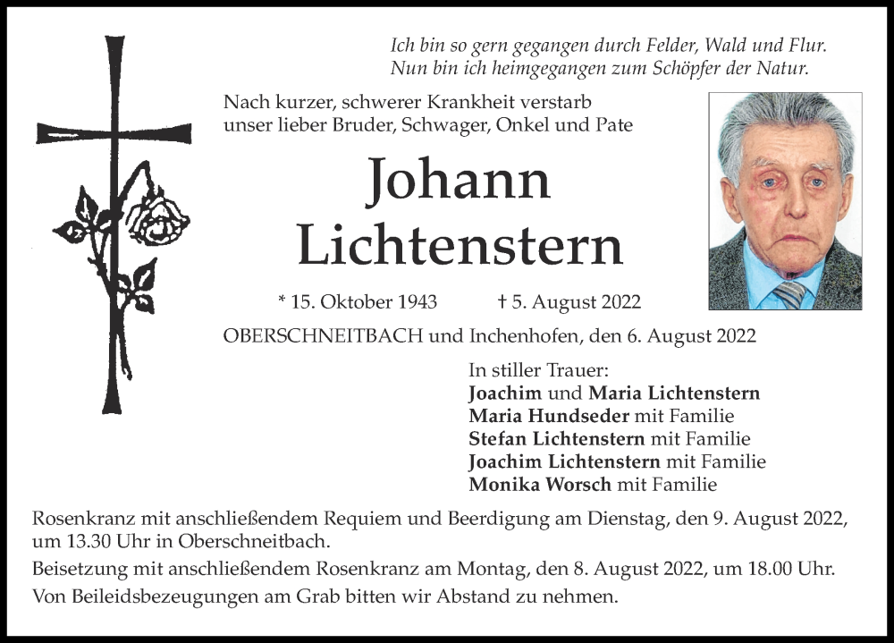  Traueranzeige für Johann Lichtenstern vom 06.08.2022 aus Aichacher Nachrichten