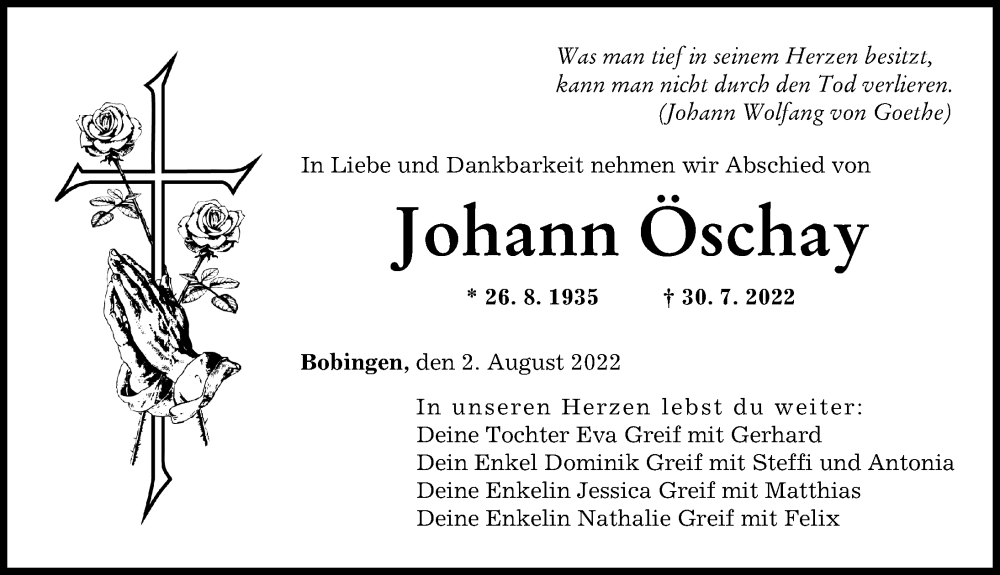 Traueranzeige von Johann Öschay von Augsburger Allgemeine