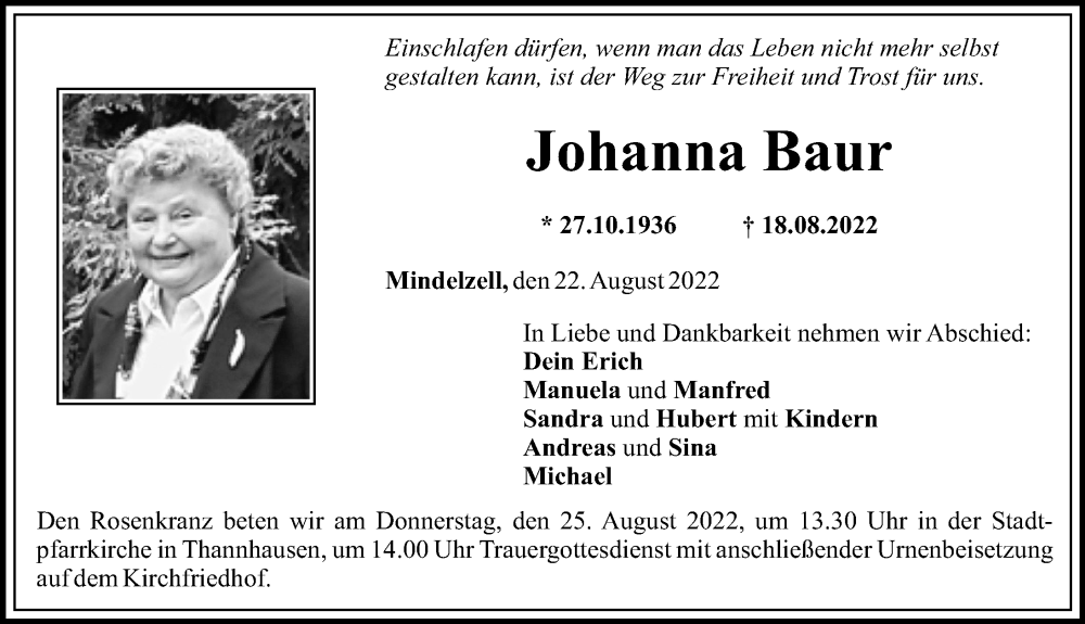 Traueranzeige von Johanna Baur von Mittelschwäbische Nachrichten