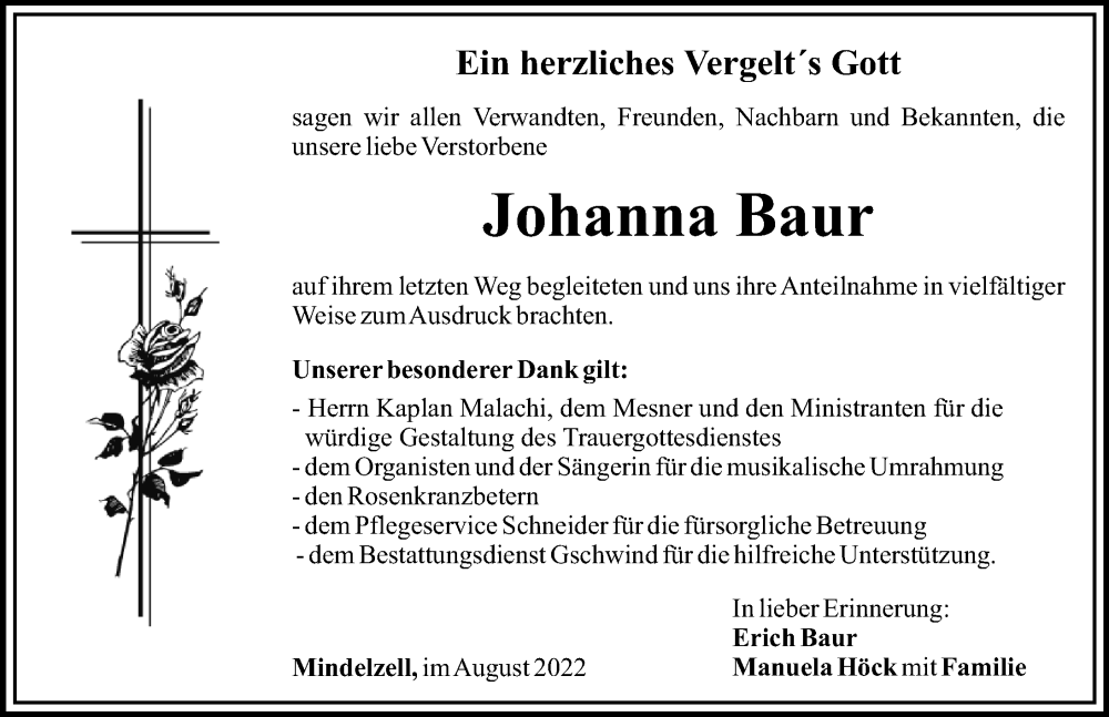 Traueranzeige von Johanna Baur von Mittelschwäbische Nachrichten