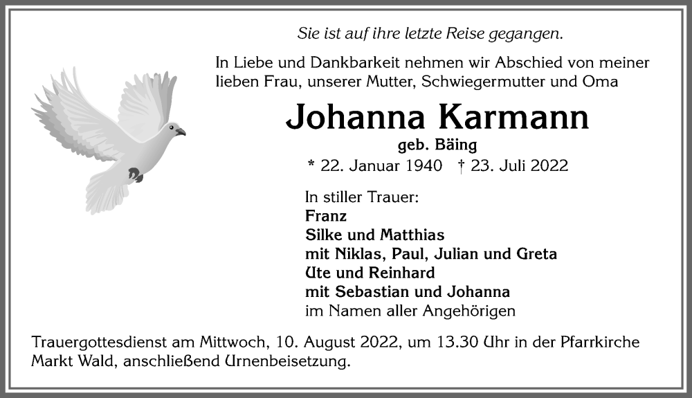  Traueranzeige für Johanna Karmann vom 06.08.2022 aus Mindelheimer Zeitung