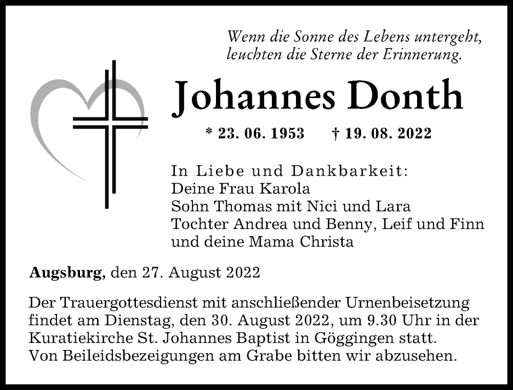 Traueranzeige von Johannes Donth von Augsburger Allgemeine