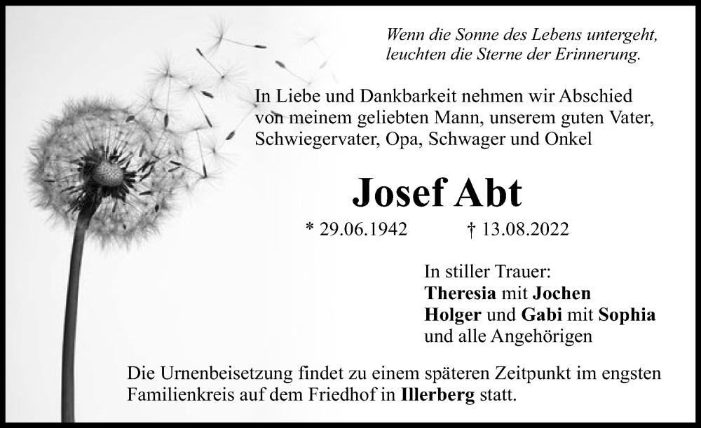  Traueranzeige für Josef Abt vom 17.08.2022 aus Neu-Ulmer Zeitung