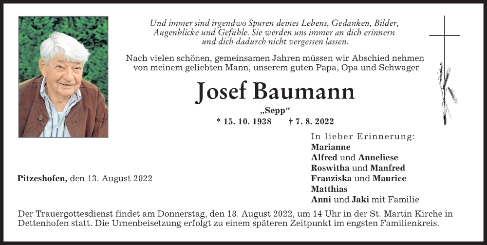  Traueranzeige für Josef Baumann vom 13.08.2022 aus Landsberger Tagblatt