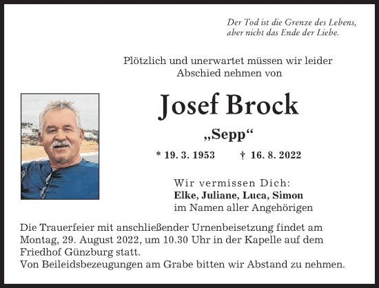 Traueranzeige von Josef Brock von Günzburger Zeitung