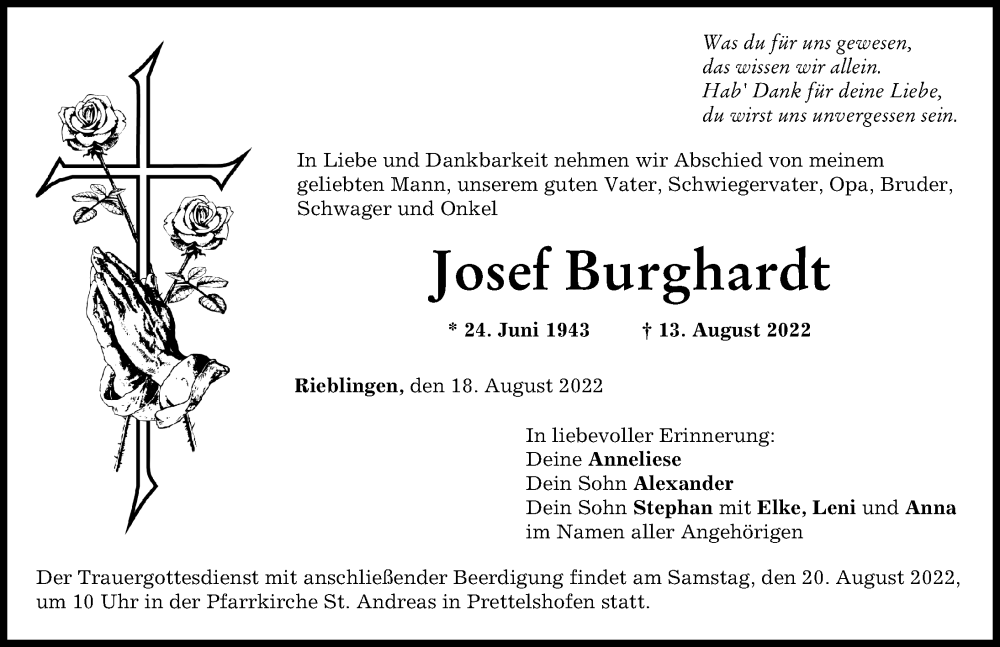  Traueranzeige für Josef Burghardt vom 18.08.2022 aus Wertinger Zeitung, Augsburg-Land