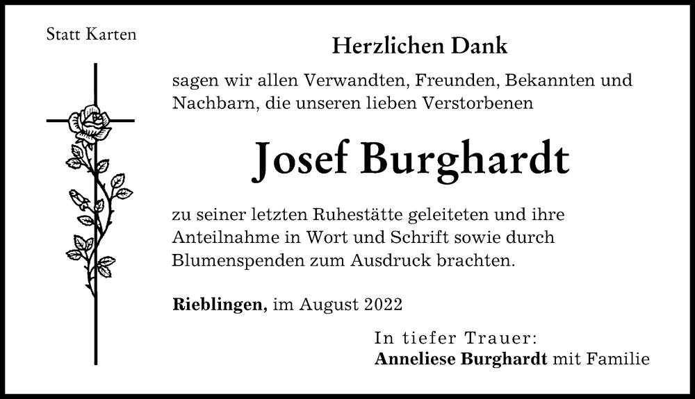  Traueranzeige für Josef Burghardt vom 27.08.2022 aus Wertinger Zeitung, Augsburg-Land