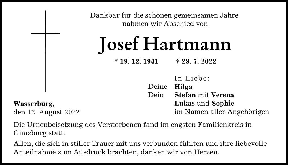 Traueranzeige von Josef Hartmann von Günzburger Zeitung