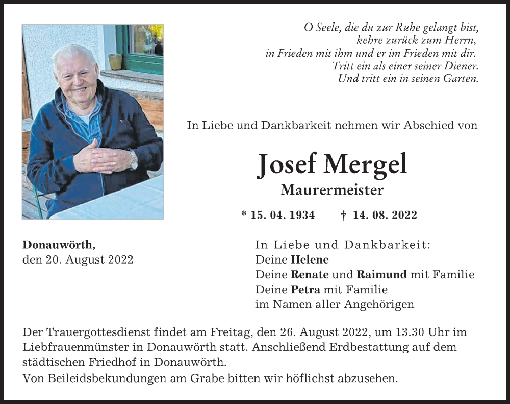 Traueranzeige von Josef Mergel von Donauwörther Zeitung