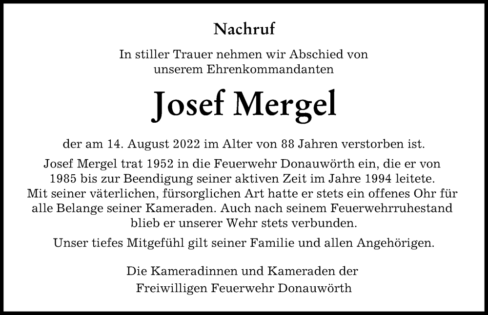 Traueranzeige von Josef Mergel von Donauwörther Zeitung