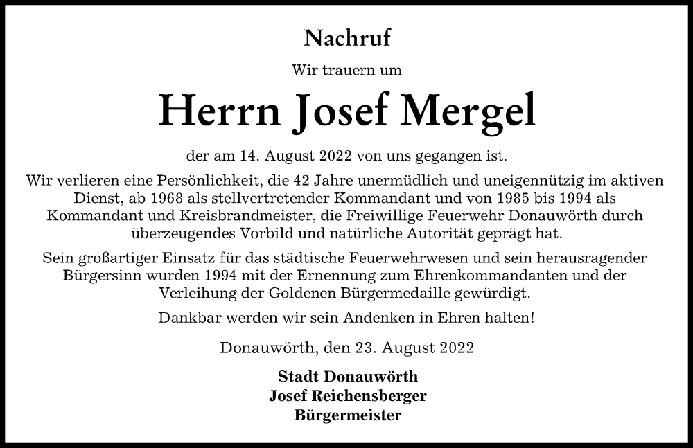 Traueranzeige von Josef Mergel von Donauwörther Zeitung