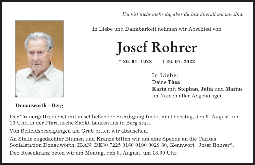 Traueranzeige von Josef Rohrer von Donauwörther Zeitung