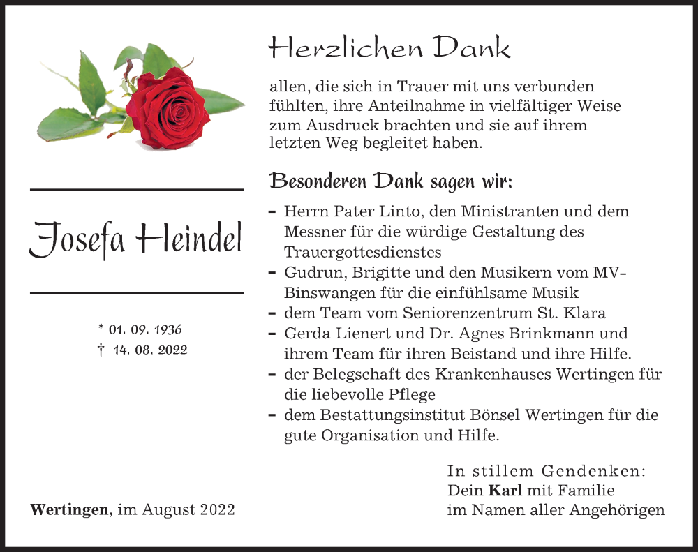 Traueranzeige von Josefa Heindel von Wertinger Zeitung