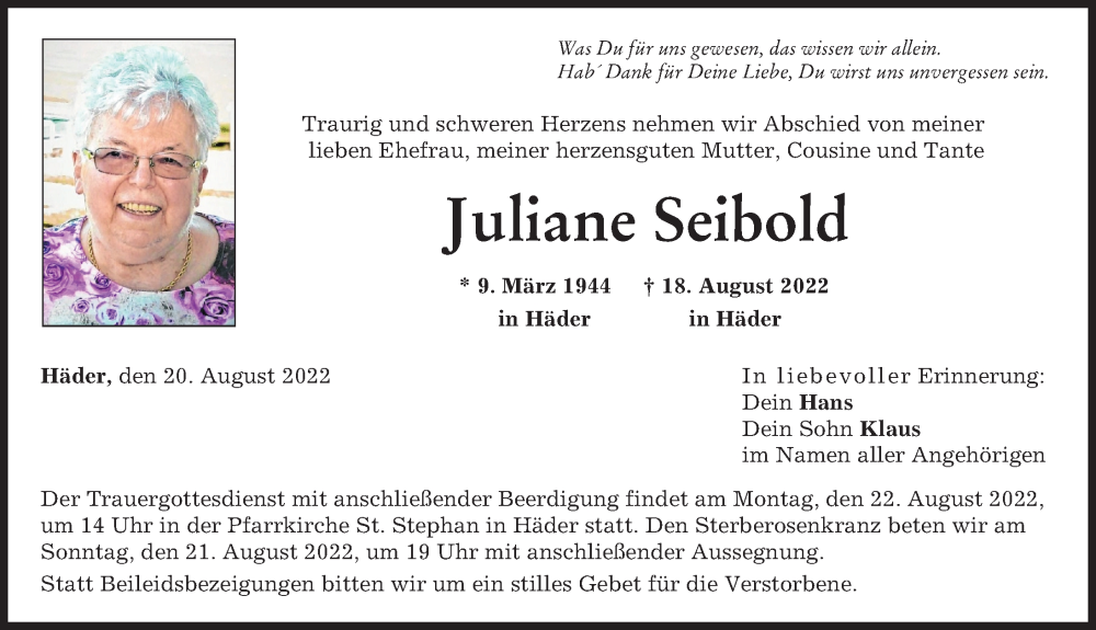 Traueranzeige von Juliane Seibold von Augsburg-Land