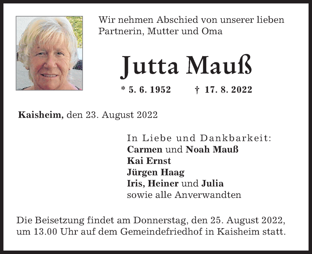 Traueranzeige von Jutta Mauß von Donauwörther Zeitung