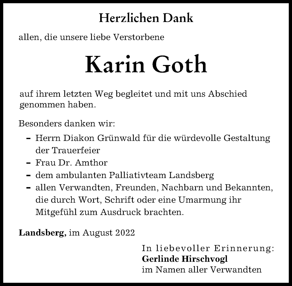 Traueranzeige von Karin Goth von Landsberger Tagblatt