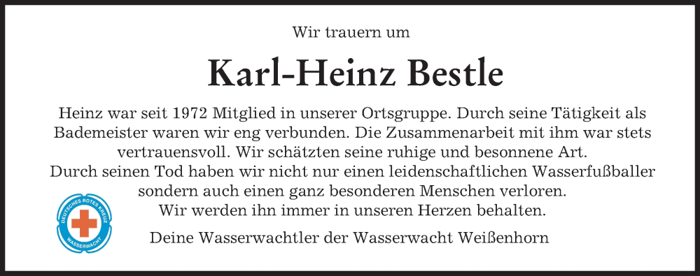 Traueranzeige von Karl-Heinz Bestle von Neu-Ulmer Zeitung