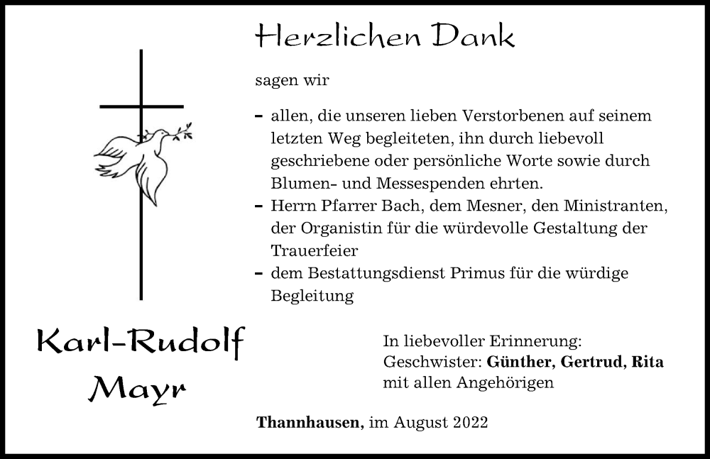 Traueranzeige für Karl-Rudolf Mayr vom 13.08.2022 aus Mittelschwäbische Nachrichten