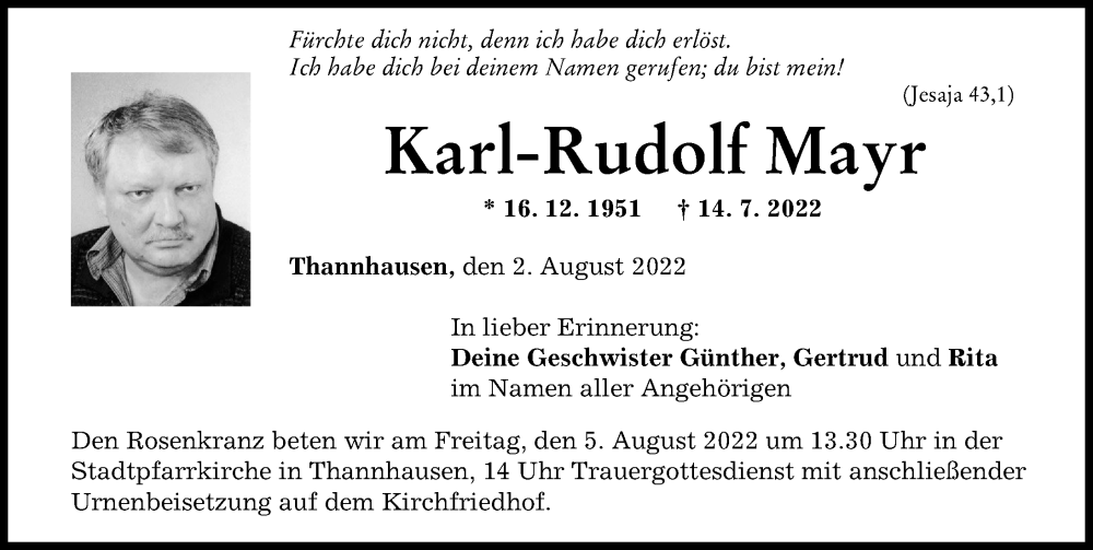  Traueranzeige für Karl-Rudolf Mayr vom 02.08.2022 aus Augsburger Allgemeine, Mittelschwäbische Nachrichten