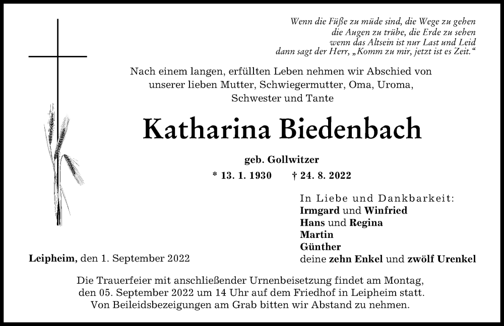  Traueranzeige für Katharina Biedenbach vom 01.09.2022 aus Günzburger Zeitung