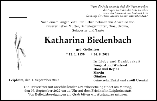 Traueranzeige von Katharina Biedenbach von Günzburger Zeitung